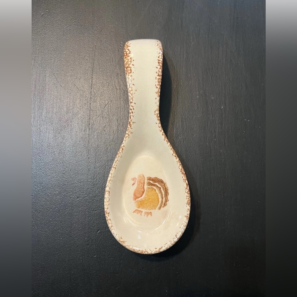 Vtg Thanksgiving Spoon Rest Ceramic Turkey Signed Sponged Fall Cottagecore Boho